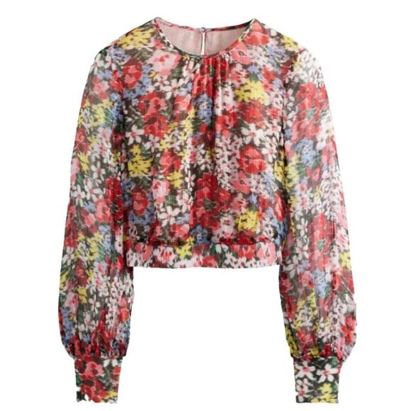 Boden Blouson Sleeve Floral Print Moire Bloom Cropped Top Open Back - Picture 1 of 13